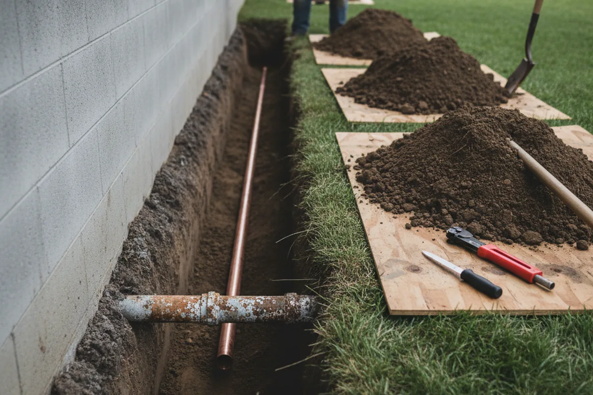 Excavated water line trench during Water Softener Installation in Atoka